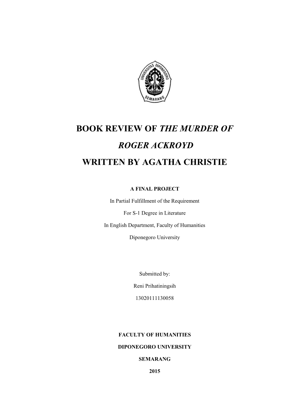 Book Review of the Murder of Roger Ackroyd Written by Agatha Christie