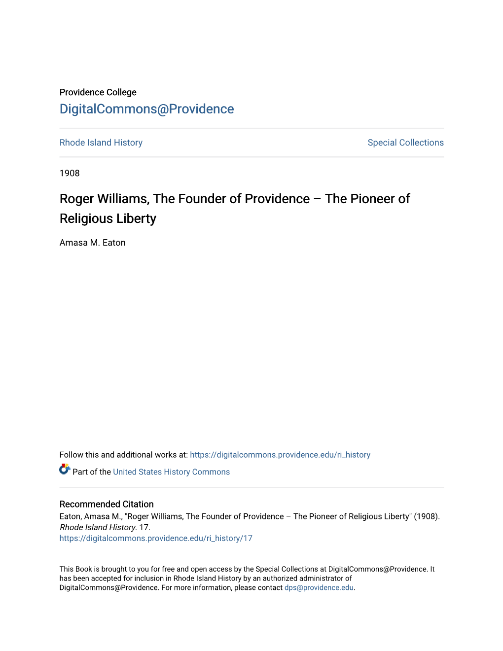 Roger Williams, the Founder of Providence Â•Fi the Pioneer Of