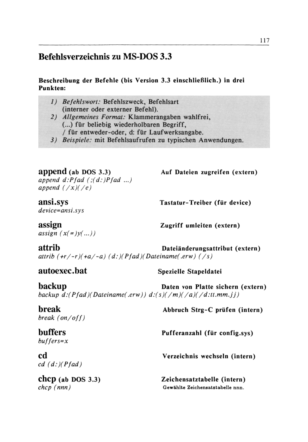 Befehlsverzeichnis Zu MS-DOS 3.3 Ansi.Sys Assign Attrib Autoexec.Bat