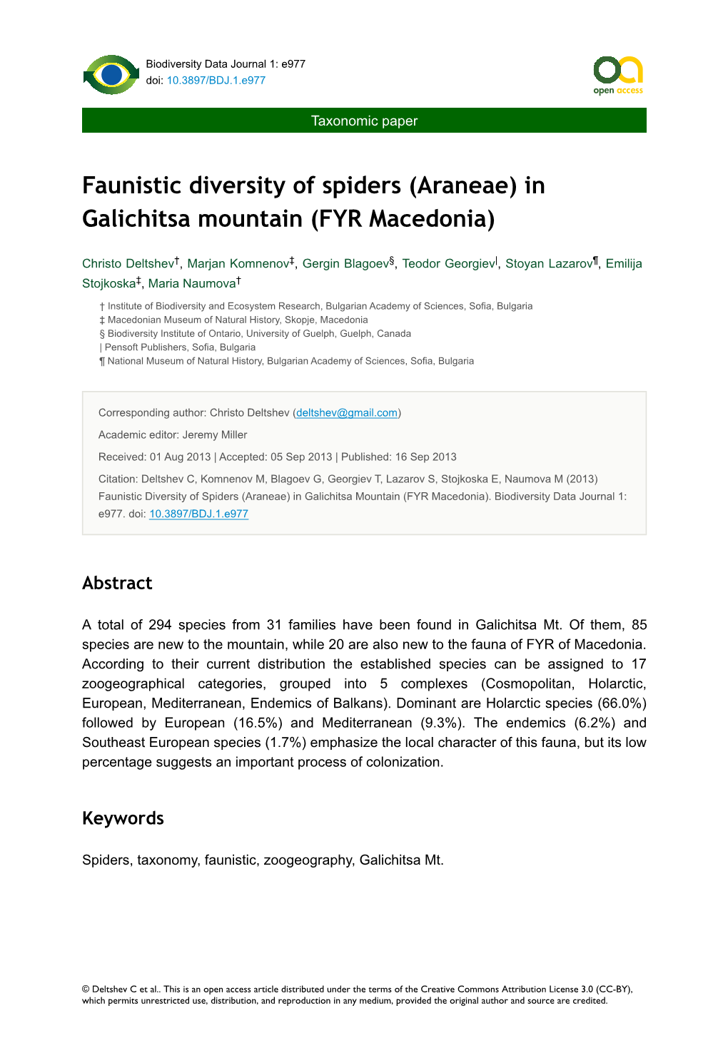 Faunistic Diversity of Spiders (Araneae) in Galichitsa Mountain (FYR Macedonia)