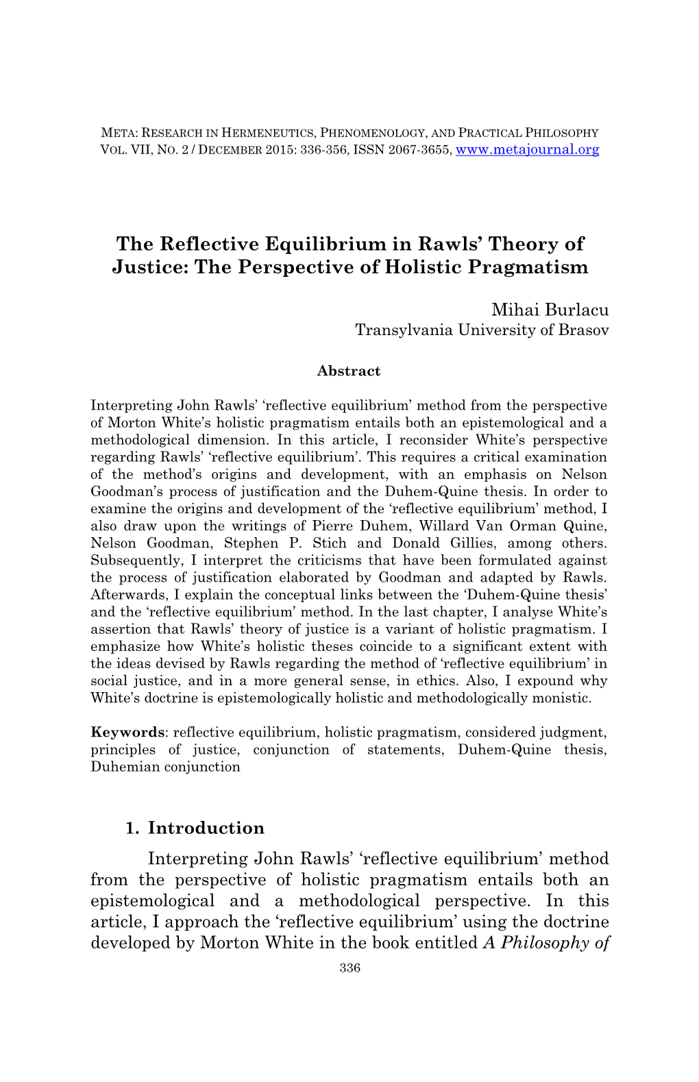 The Reflective Equilibrium in Rawls' Theory of Justice: the Perspective