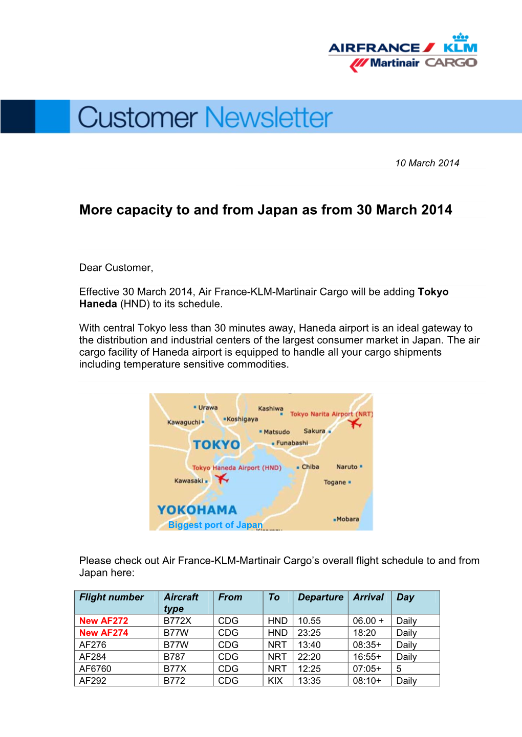Capacity to and from Japan As from 30 March 2014