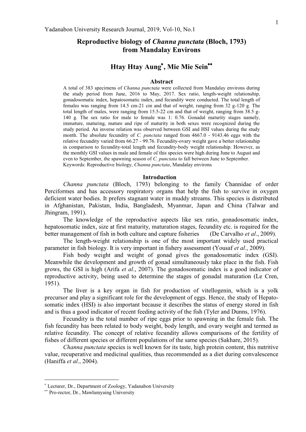 Reproductive Biology of Channa Punctata (Bloch, 1793) from Mandalay Environs