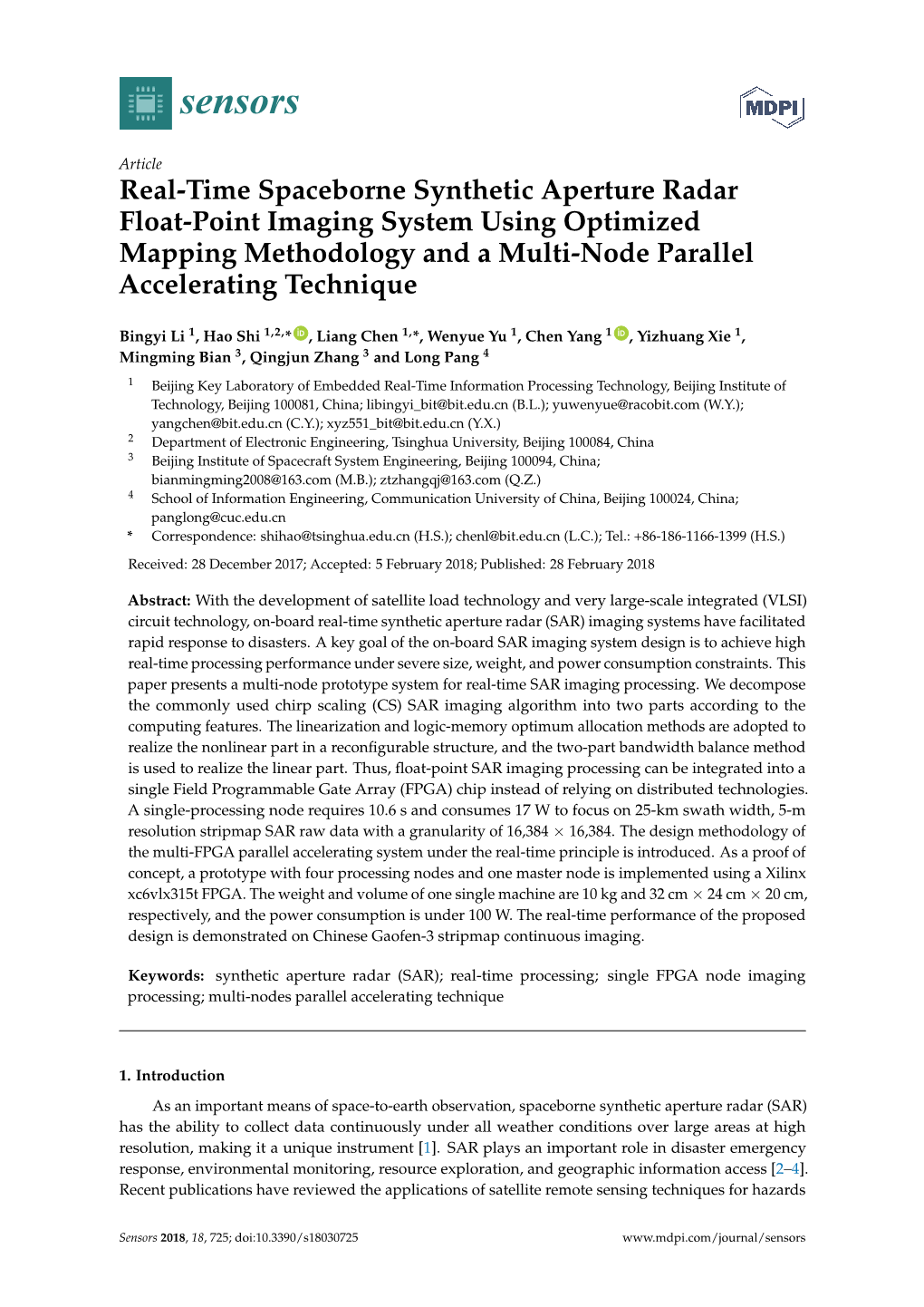 Real-Time Spaceborne Synthetic Aperture Radar Float-Point Imaging System Using Optimized Mapping Methodology and a Multi-Node Parallel Accelerating Technique