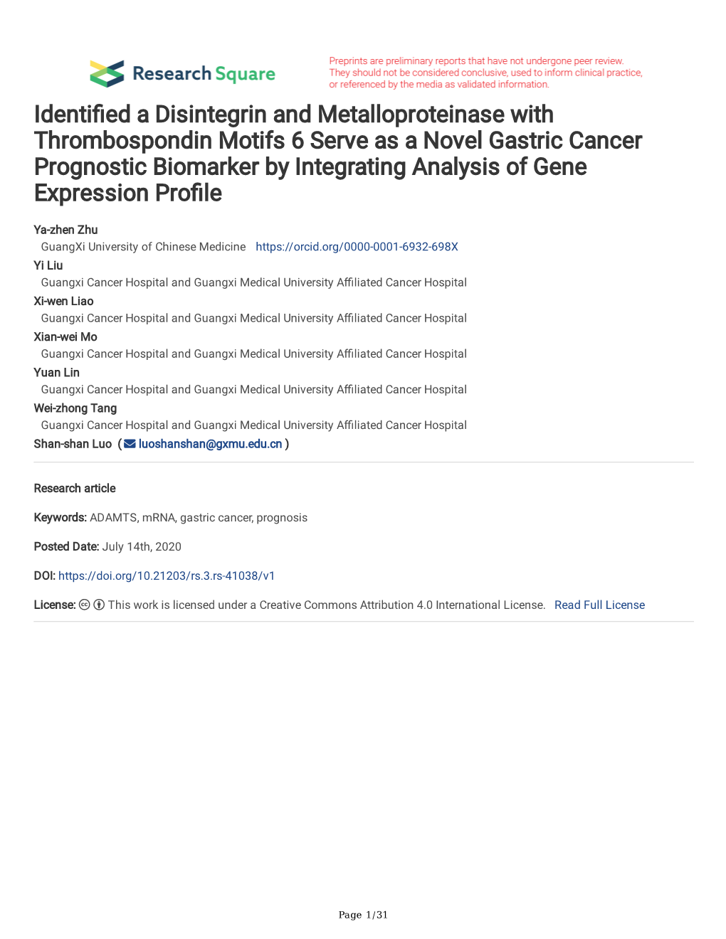 Identi Ed a Disintegrin and Metalloproteinase with Thrombospondin Motifs 6 Serve As a Novel Gastric Cancer Prognostic Biomarker