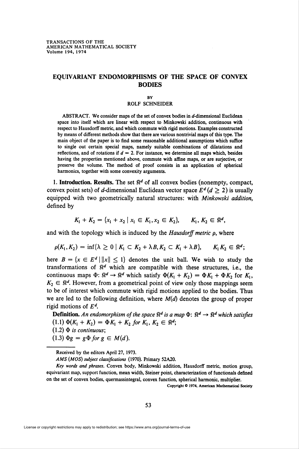 Equivariant Endomorphisms of the Space of Convex