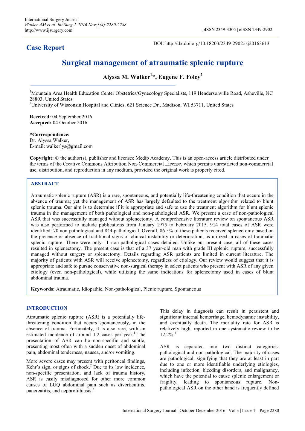 Surgical Management of Atraumatic Splenic Rupture