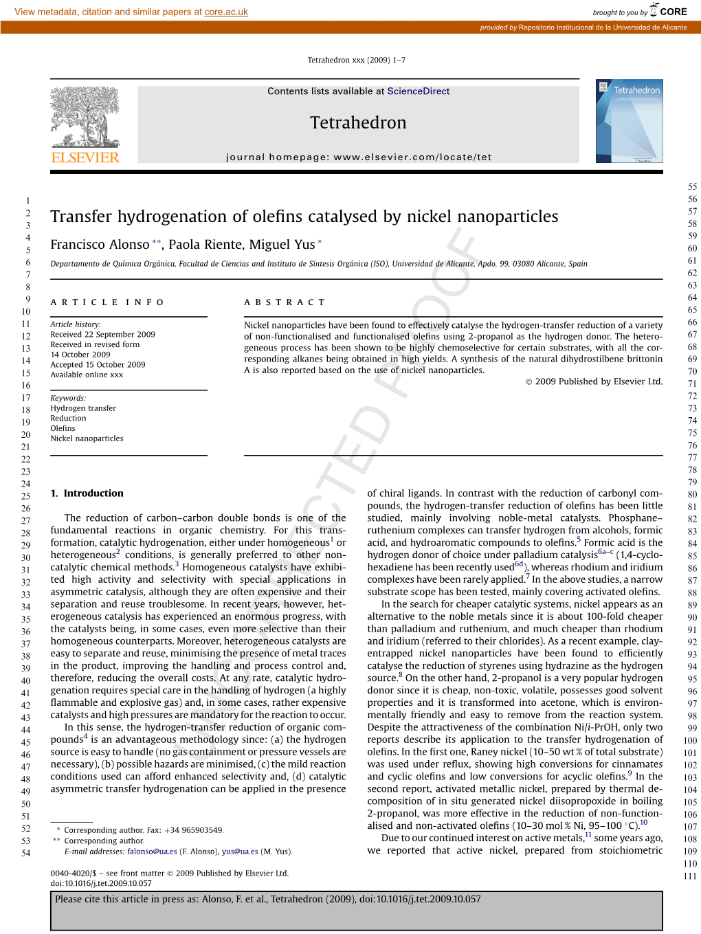 Transfer Hydrogenation of Olefins Catalysed by Nickel Nanoparticles