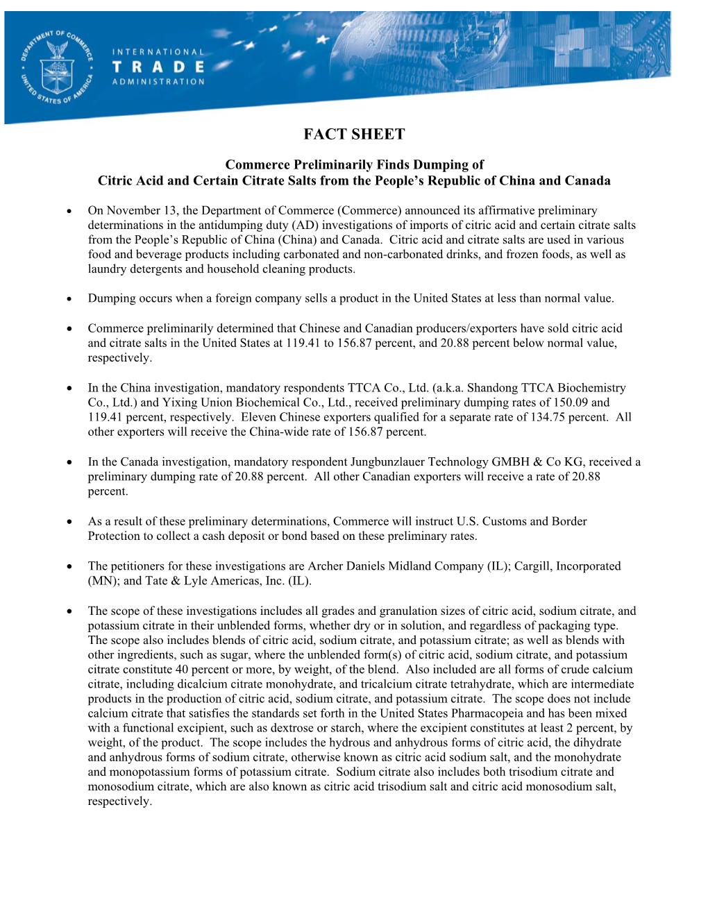 Preliminary Determination in the Antidumping Duty Investigations on Imports of Citric Acid and Certain Citrate Salts from Canada