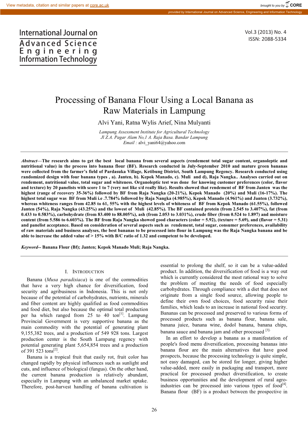 Processing of Banana Flour Using a Local Banana As Raw Materials In