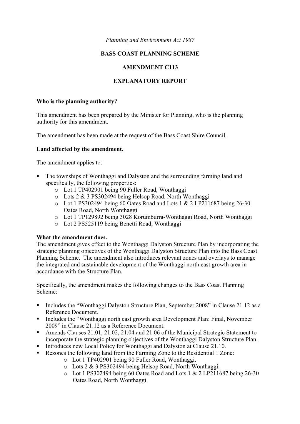 Planning and Environment Act 1987 BASS COAST PLANNING