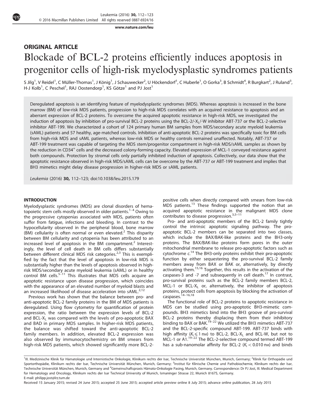 Blockade of BCL-2 Proteins Efficiently Induces Apoptosis in Progenitor