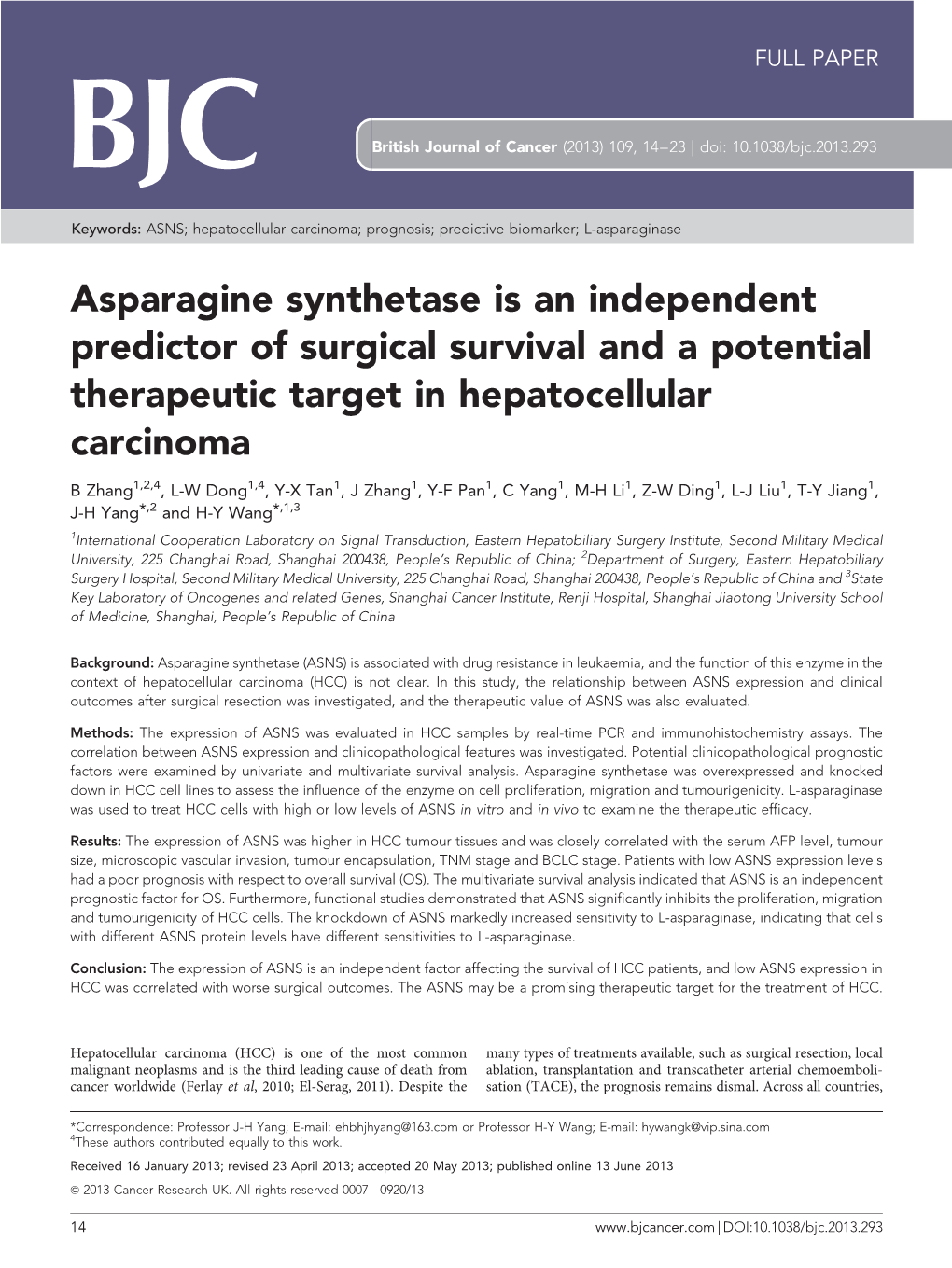 Asparagine Synthetase Is an Independent Predictor of Surgical Survival and a Potential Therapeutic Target in Hepatocellular Carcinoma