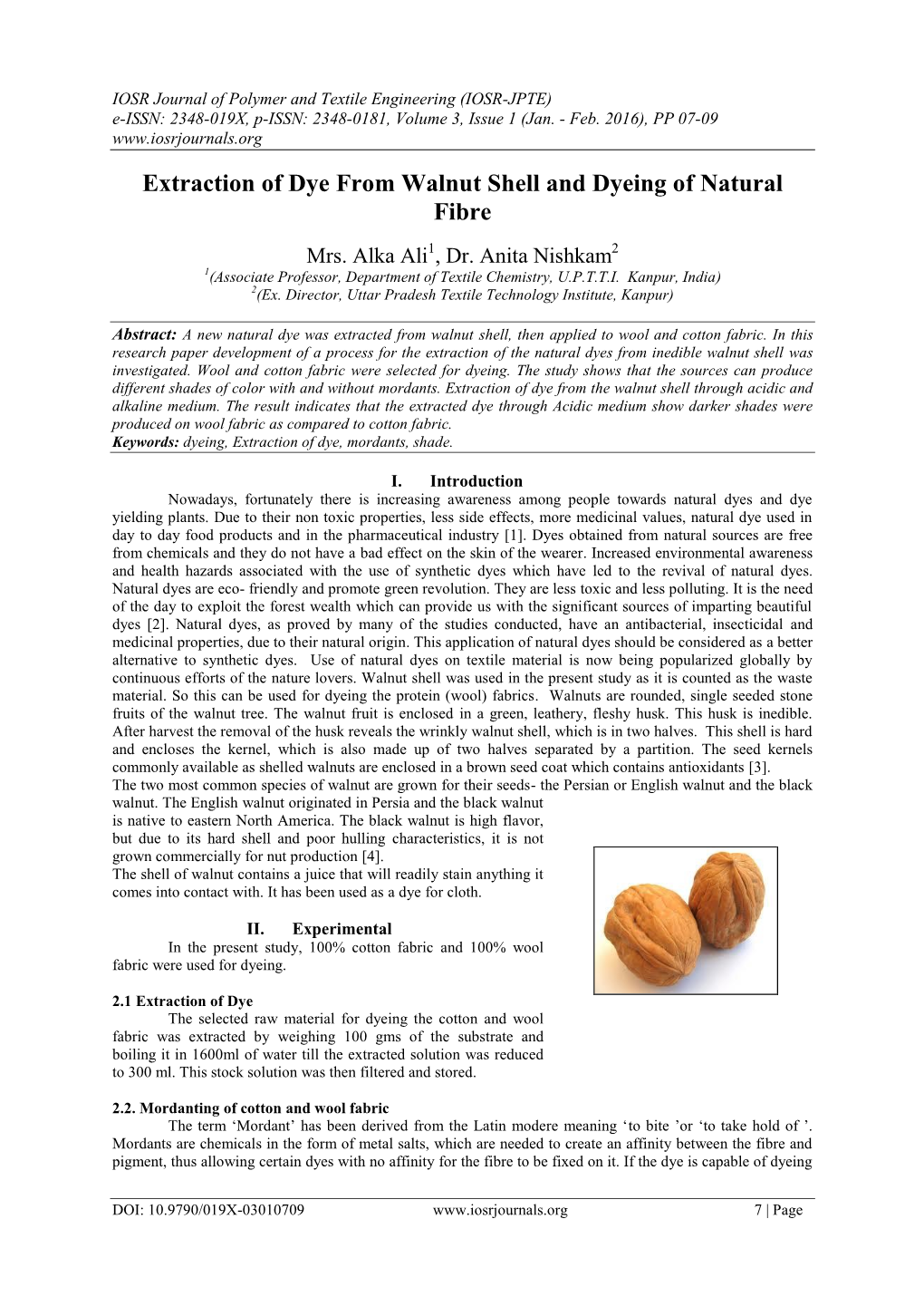 Extraction of Dye from Walnut Shell and Dyeing of Natural Fibre