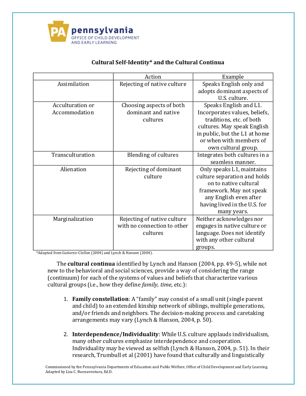 Cultural Self-Identity* and the Cultural Continua Action Example