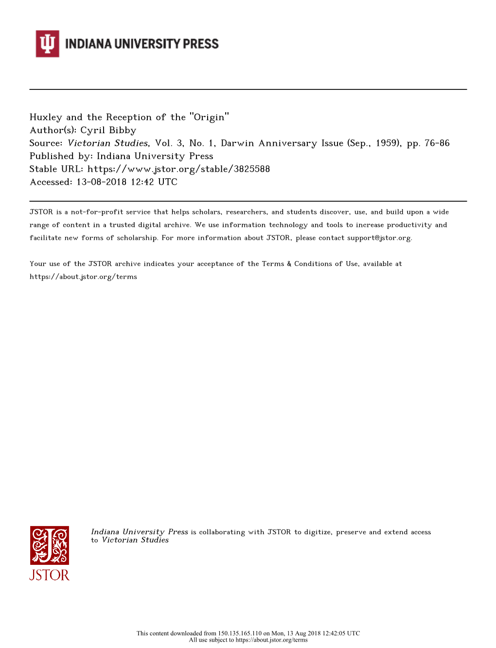 Huxley and the Reception of the "Origin" Author(S): Cyril Bibby Source: Victorian Studies, Vol