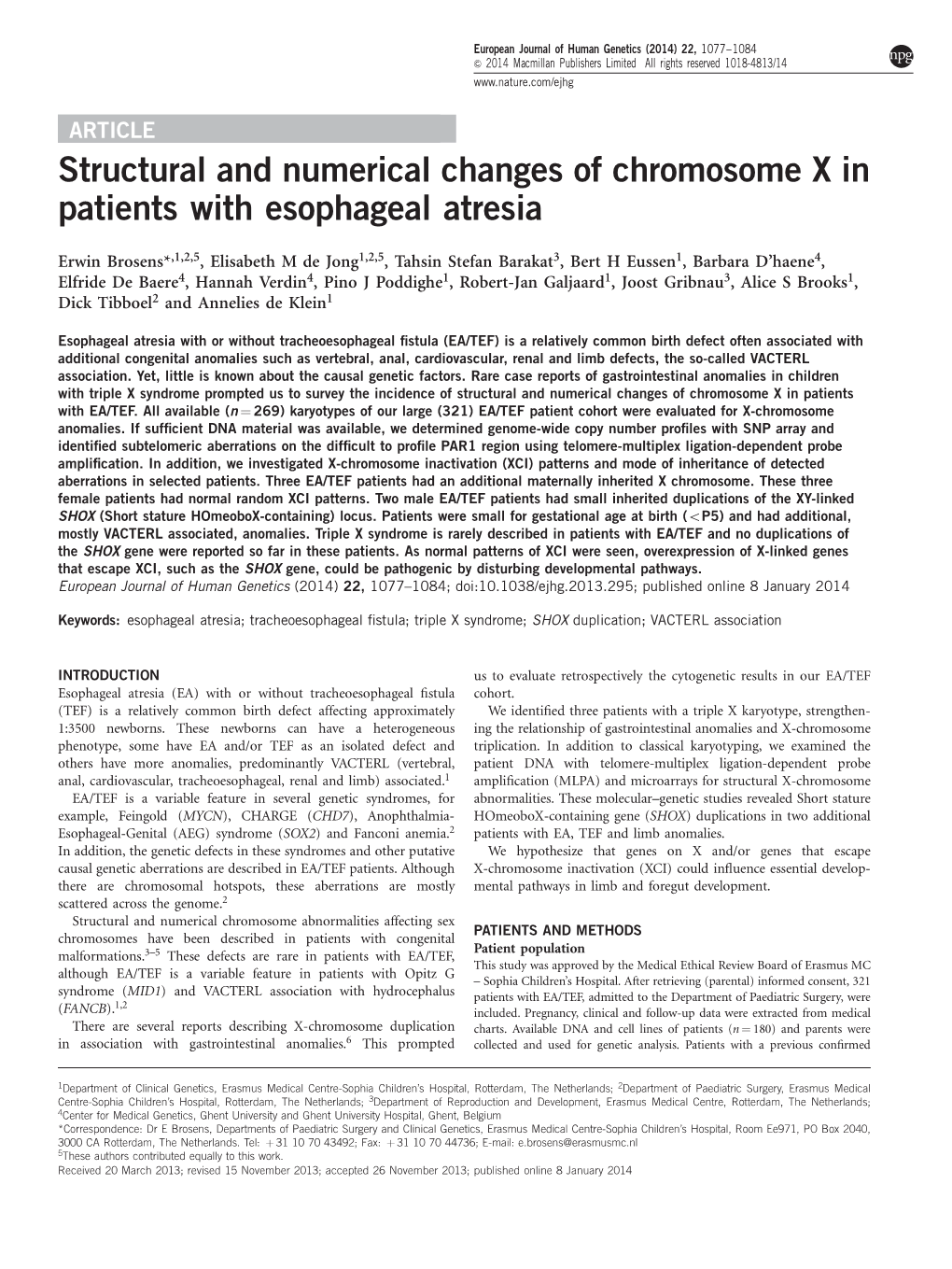Structural and Numerical Changes of Chromosome X in Patients with Esophageal Atresia