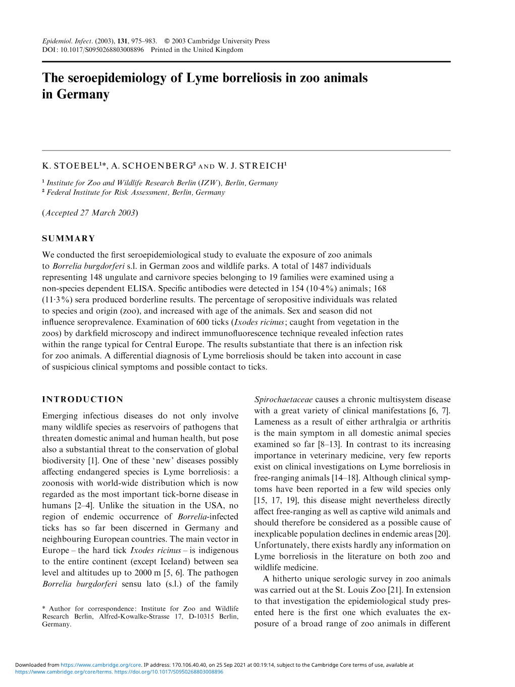 The Seroepidemiology of Lyme Borreliosis in Zoo Animals in Germany