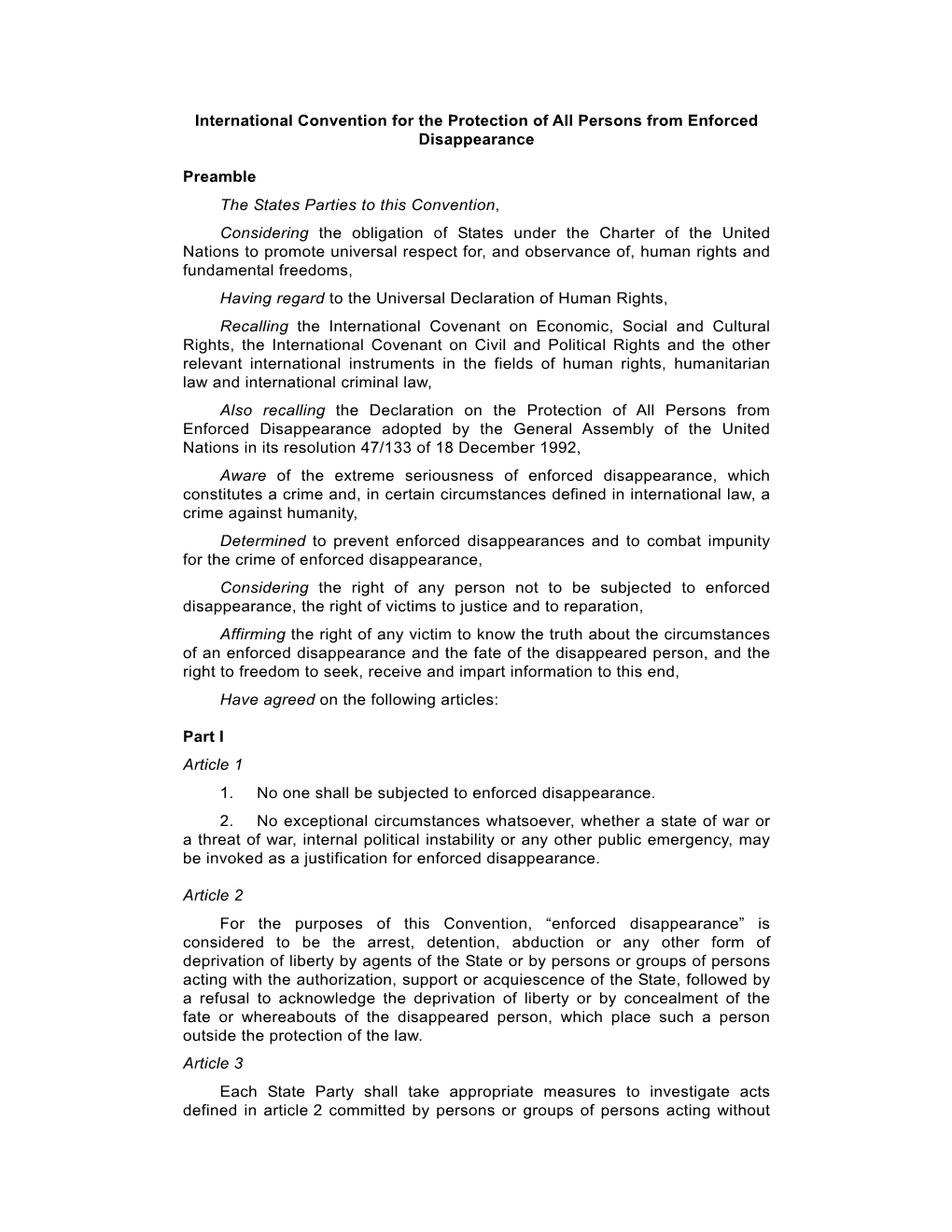 International Convention for the Protection of All Persons from Enforced Disappearance Preamble the States Parties to This Conve