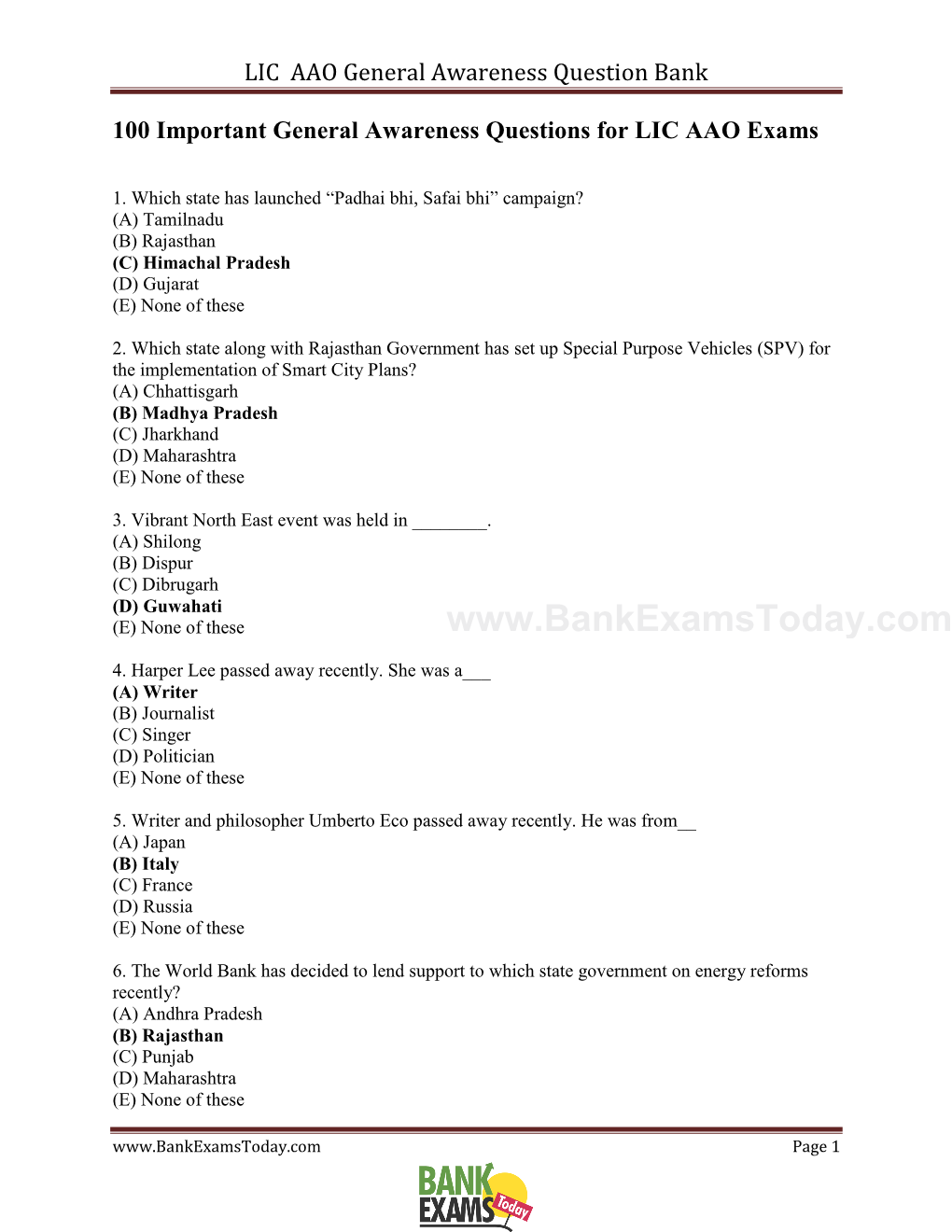 LIC AAO General Awareness Question Bank 7