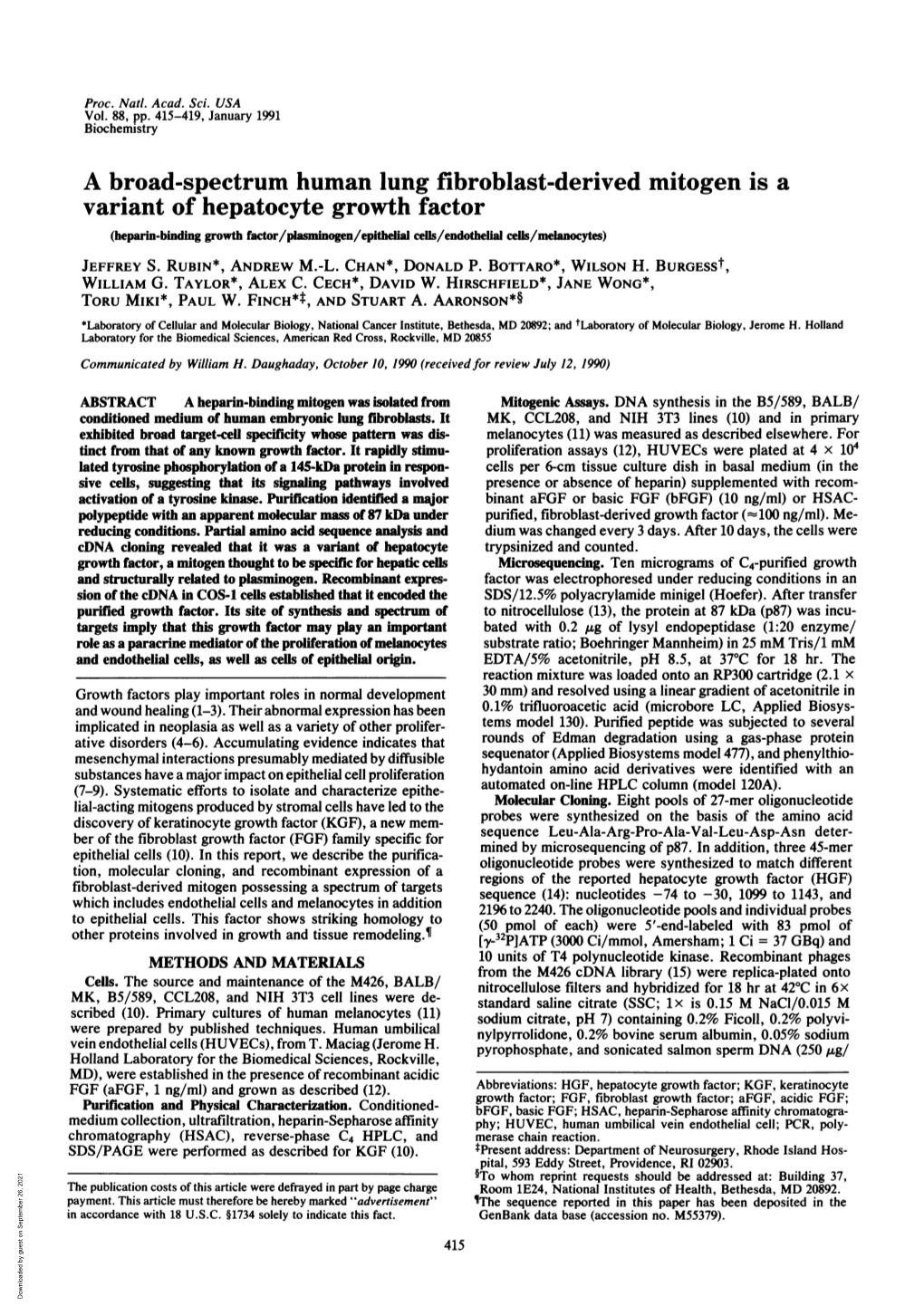 A Broad-Spectrum Humanlung Fibroblast-Derived Mitogen Is A