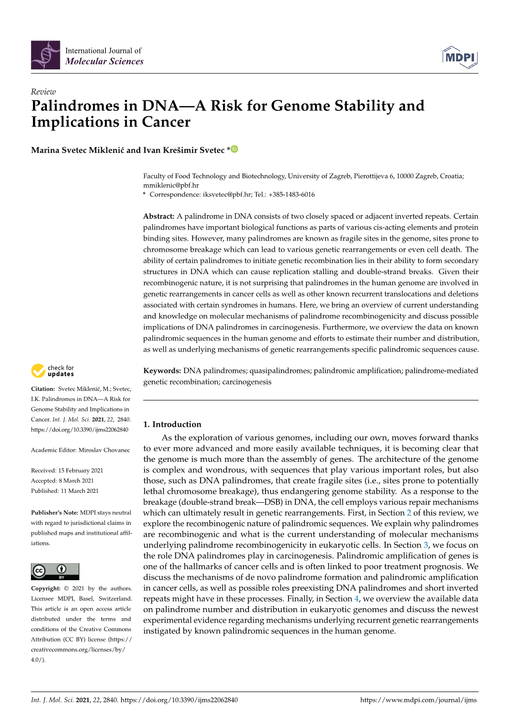 Palindromes in DNA—A Risk for Genome Stability and Implications in Cancer