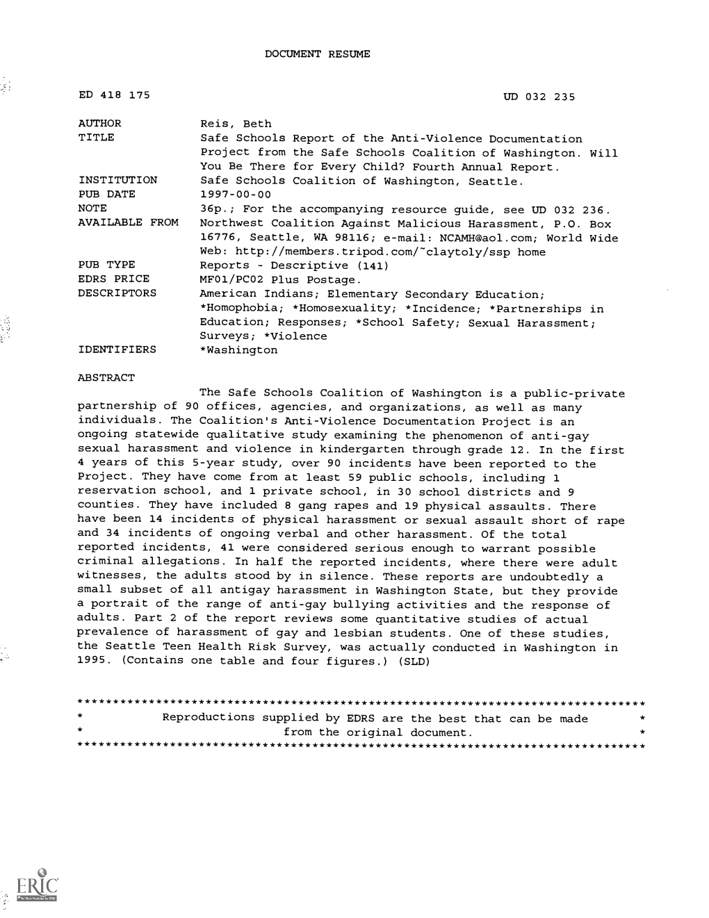 ED 418 175 AUTHOR TITLE INSTITUTION PUB DATE NOTE AVAILABLE from PUB TYPE EDRS PRICE DESCRIPTORS ABSTRACT UD 032 235 Reis, Beth