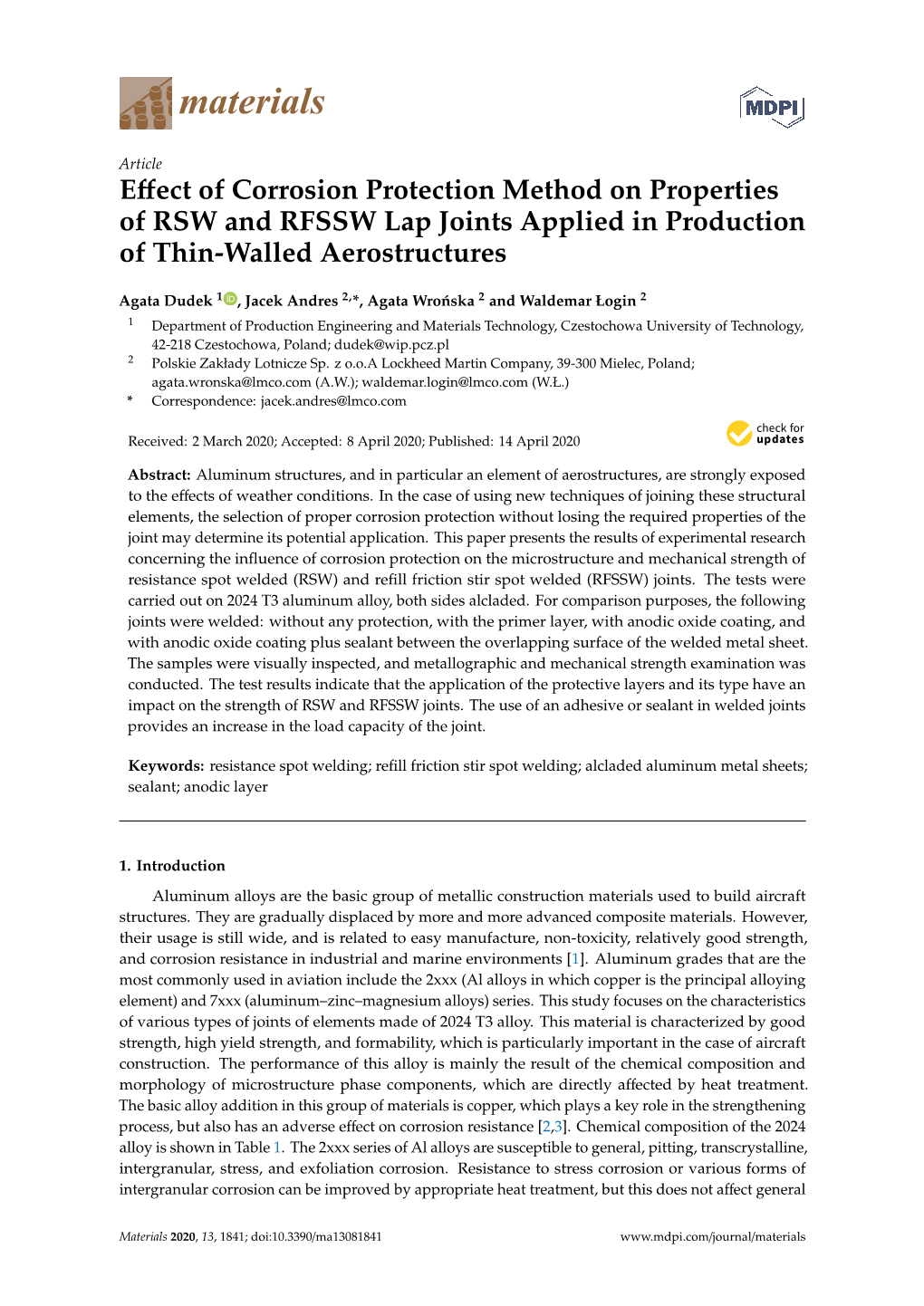 Effect of Corrosion Protection Method on Properties of RSW and RFSSW Lap Joints Applied in Production of Thin-Walled Aerostructu