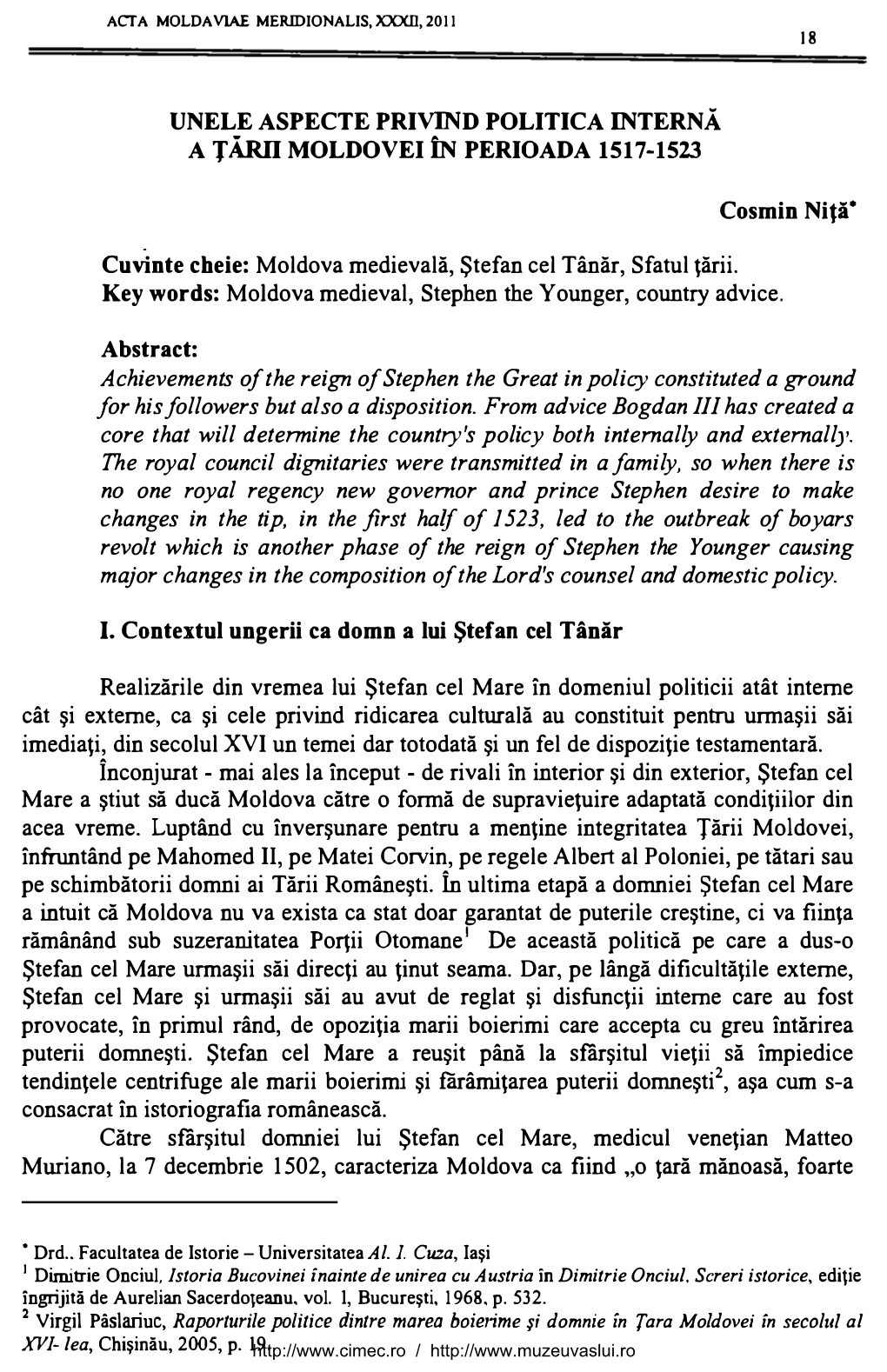 Unele Aspecte Privind Politica Internă a Ţării Moldovei În Perioada 1517-1523