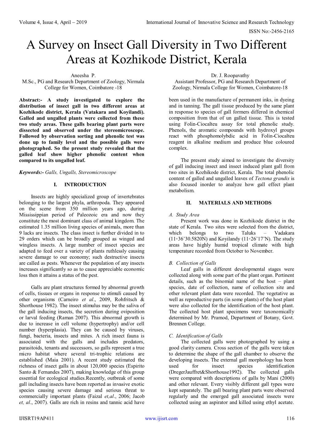 A Survey on Insect Gall Diversity in Two Different Areas at Kozhikode District, Kerala