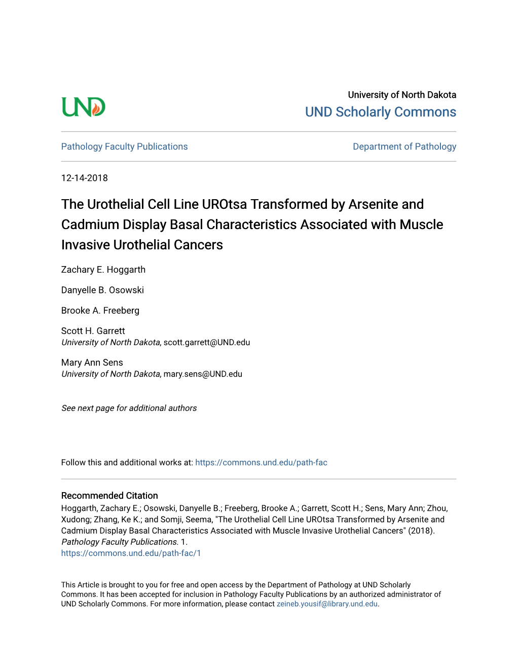 The Urothelial Cell Line Urotsa Transformed by Arsenite and Cadmium Display Basal Characteristics Associated with Muscle Invasive Urothelial Cancers