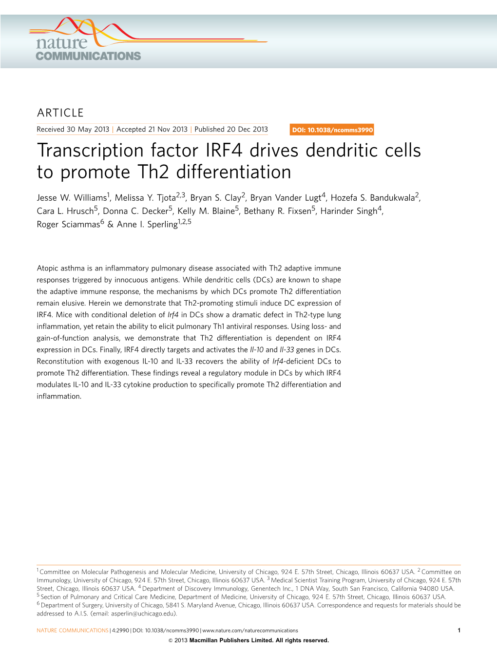 Transcription Factor IRF4 Drives Dendritic Cells to Promote Th2 Differentiation