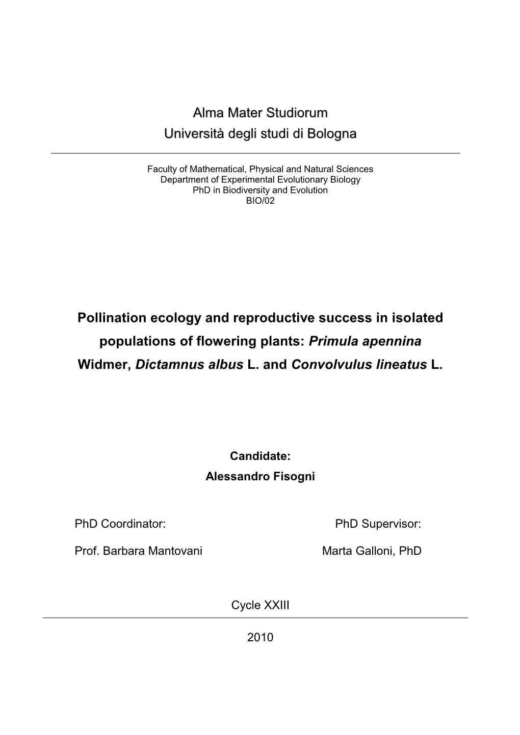 Alma Mater Studiorum Università Degli Studi Di Bologna Pollination