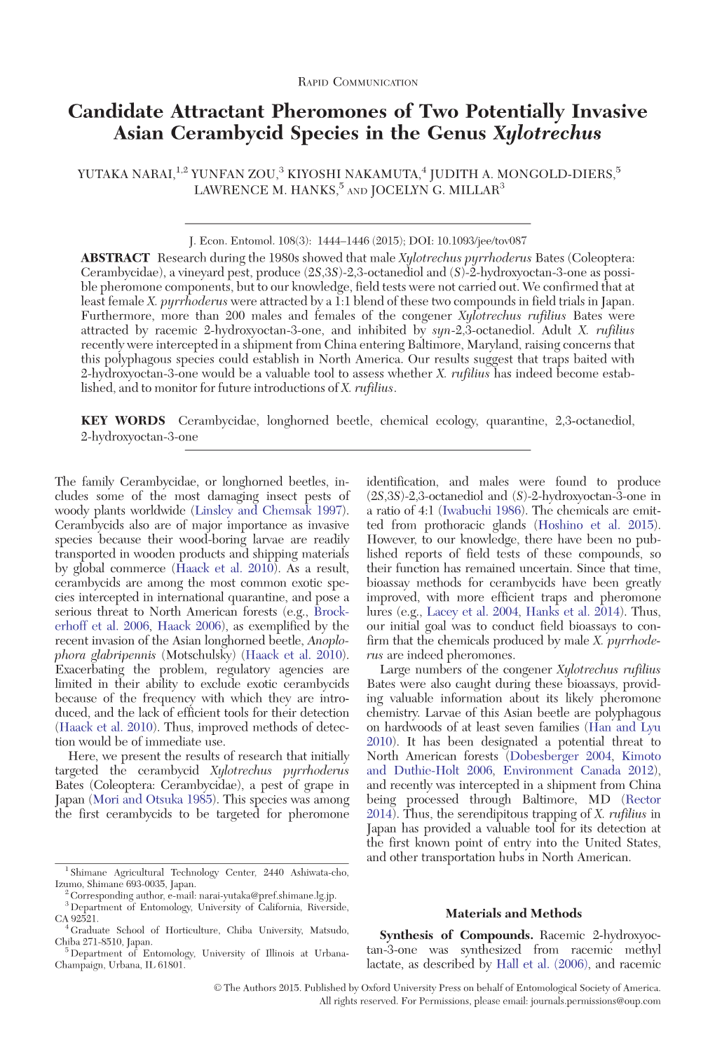 Candidate Attractant Pheromones of Two Potentially Invasive Asian Cerambycid Species in the Genus Xylotrechus