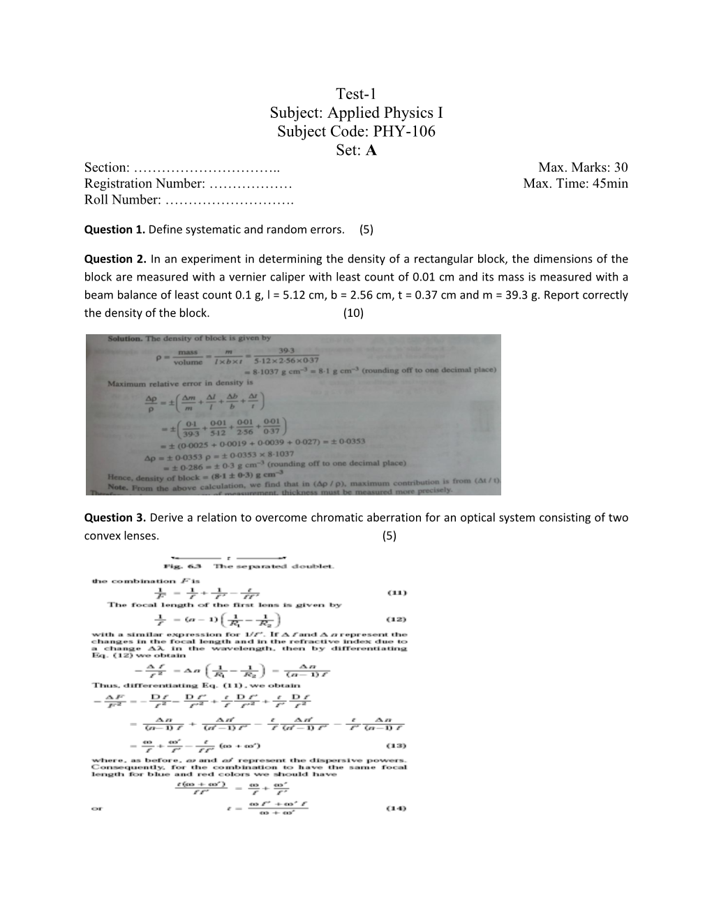 Applied Physics I Subject Code: PHY-106 Set: a Section: …………………………