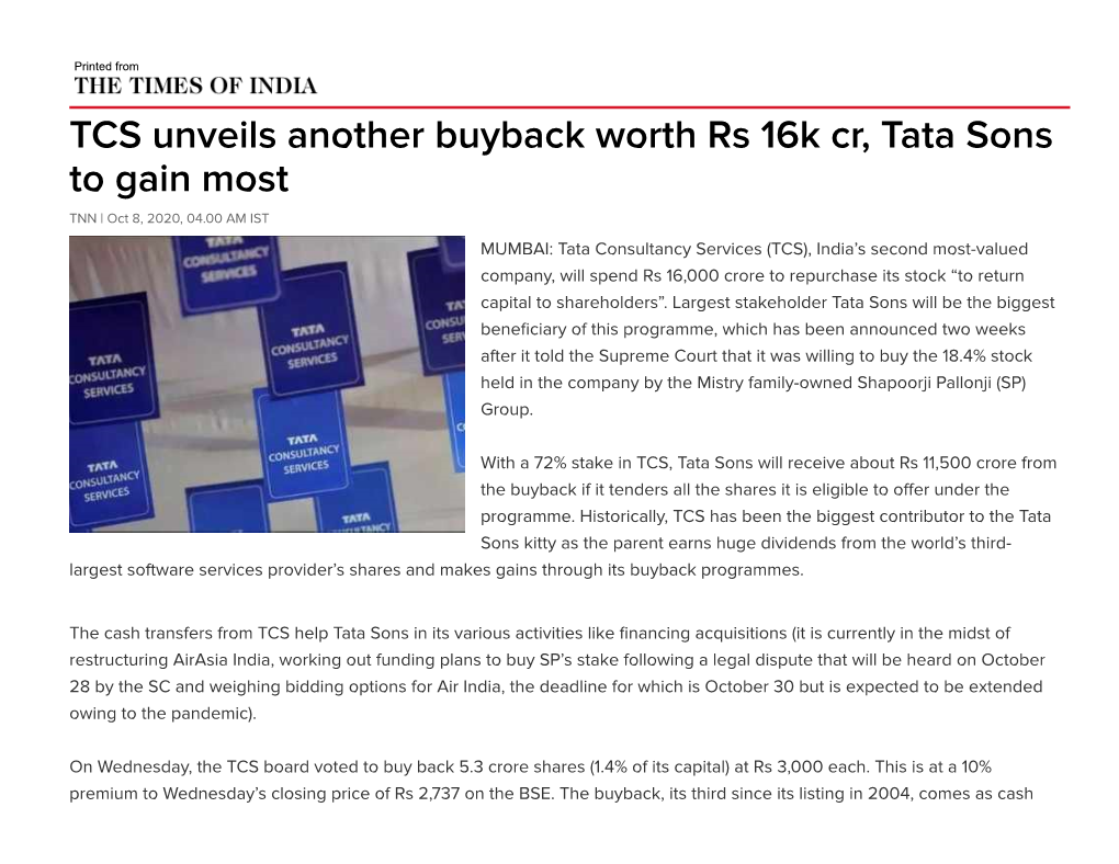 TOI TCS Unveils Another Buyback