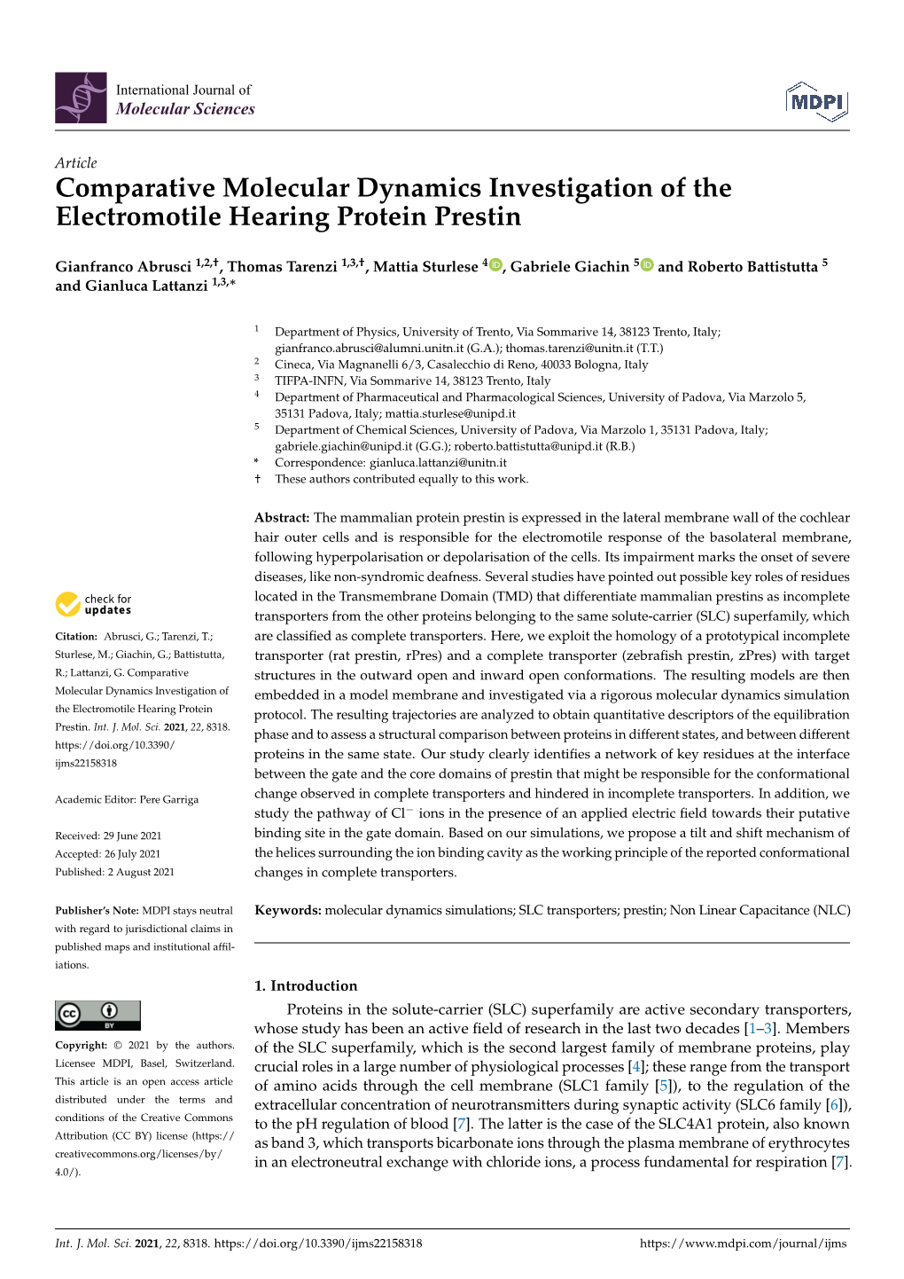 Comparative Molecular Dynamics Investigation of the Electromotile Hearing Protein Prestin