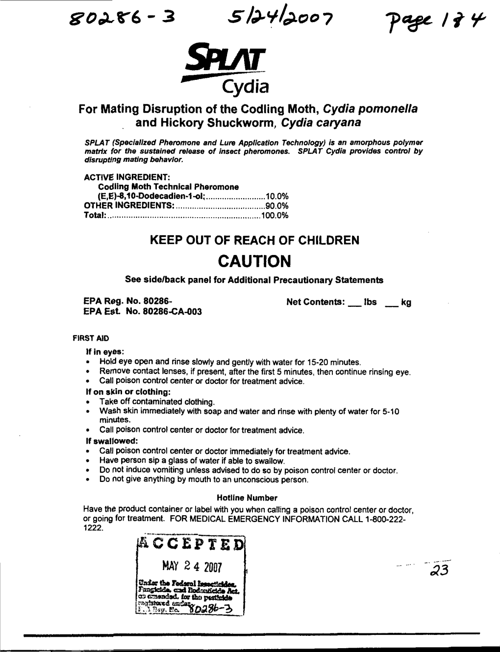 U.S. EPA, Pesticide Product Label, SPLAT CYDIA, 05/24/2007