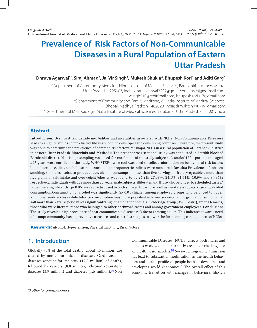 Prevalence of Risk Factors of Non-Communicable Diseases in a Rural Population of Eastern Uttar Pradesh