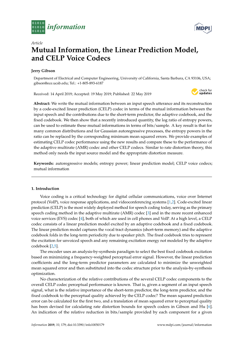 Mutual Information, the Linear Prediction Model, and CELP Voice Codecs
