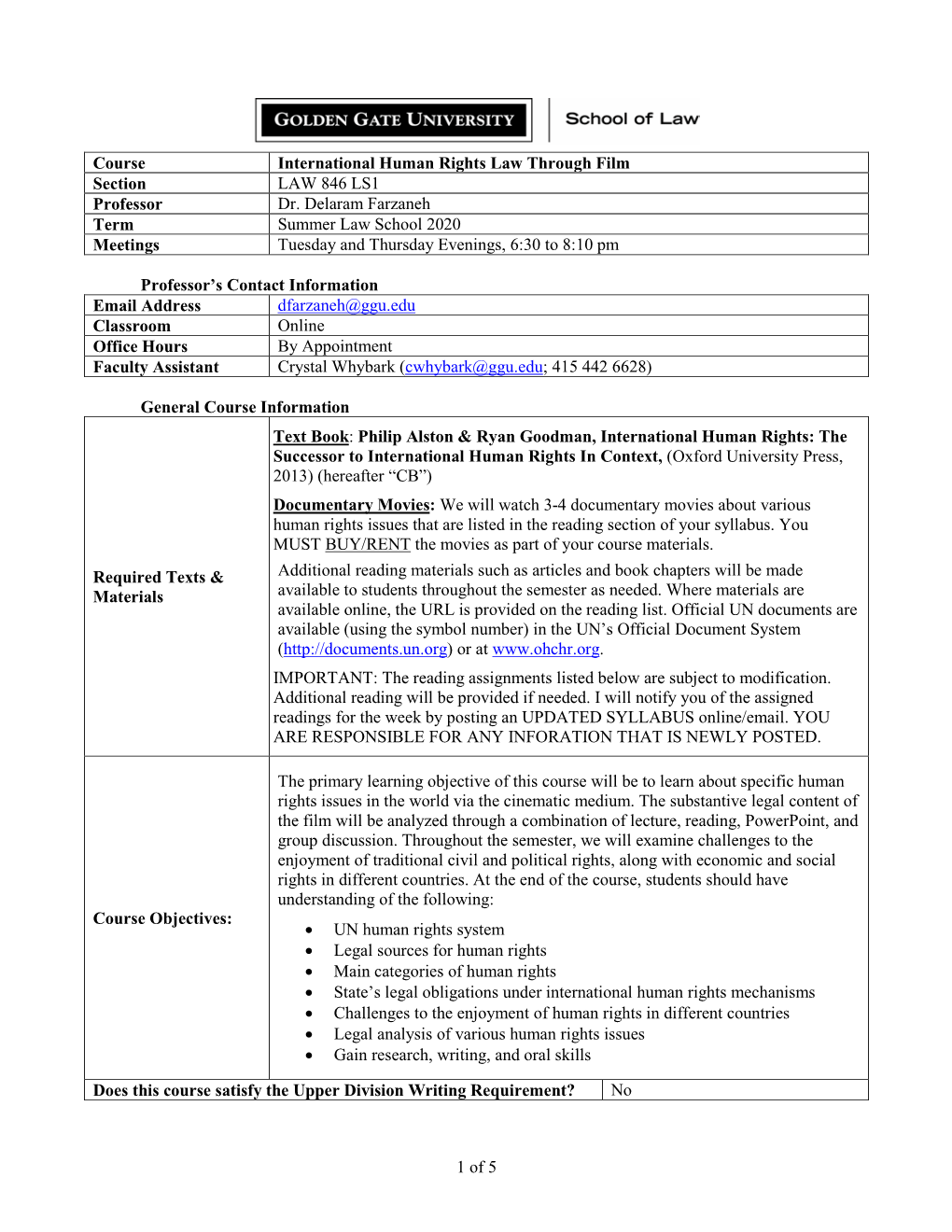 1 of 5 Course International Human Rights Law Through Film Section