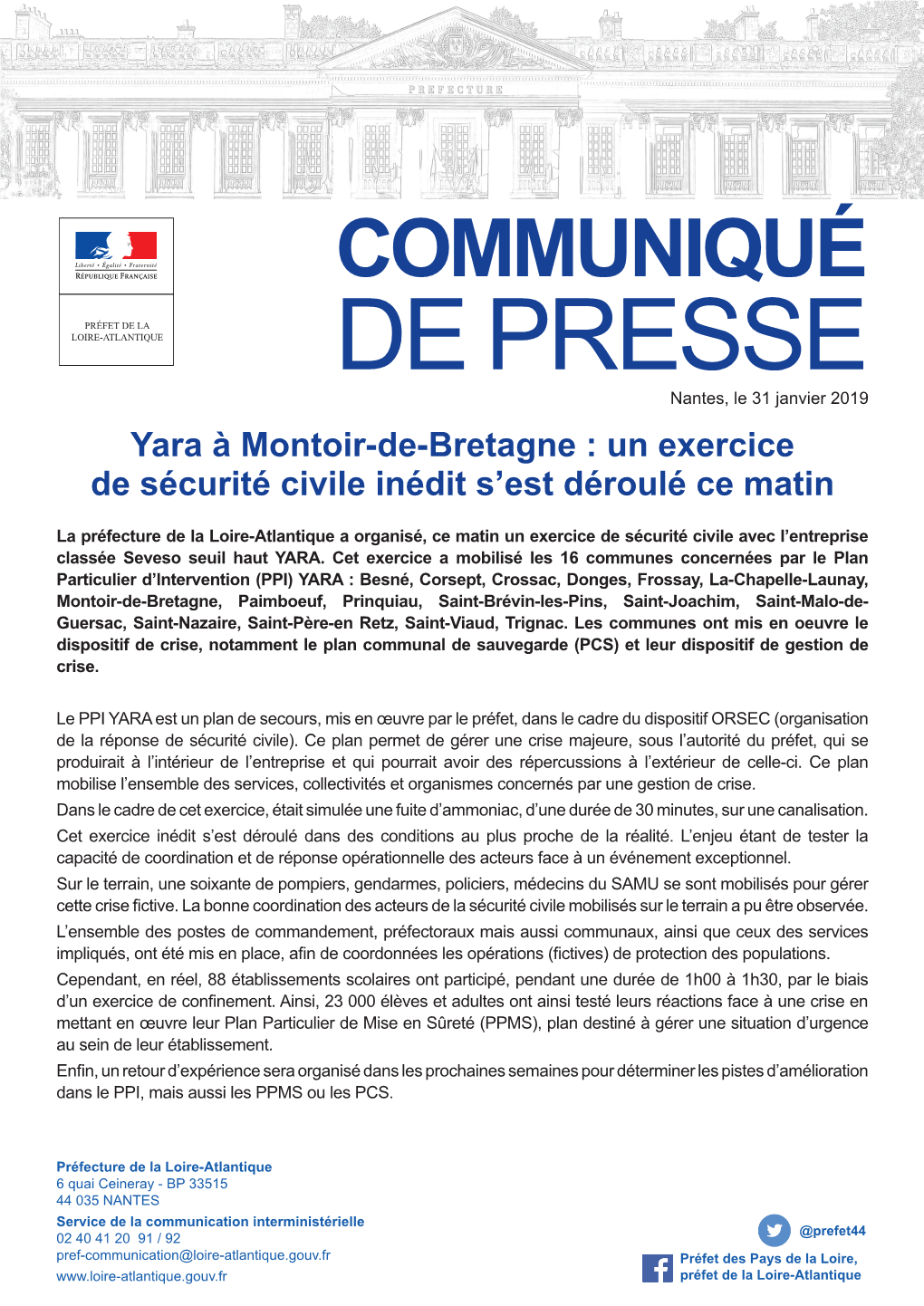 DE PRESSE Nantes, Le 31 Janvier 2019 Yara À Montoir-De-Bretagne : Un Exercice De Sécurité Civile Inédit S’Est Déroulé Ce Matin