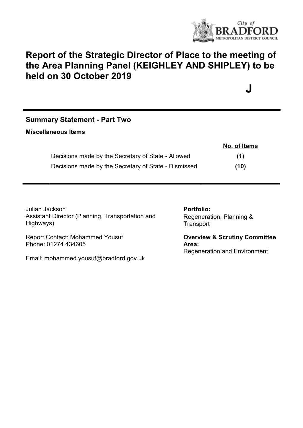 KEIGHLEY and SHIPLEY) to Be Held on 30 October 2019 J