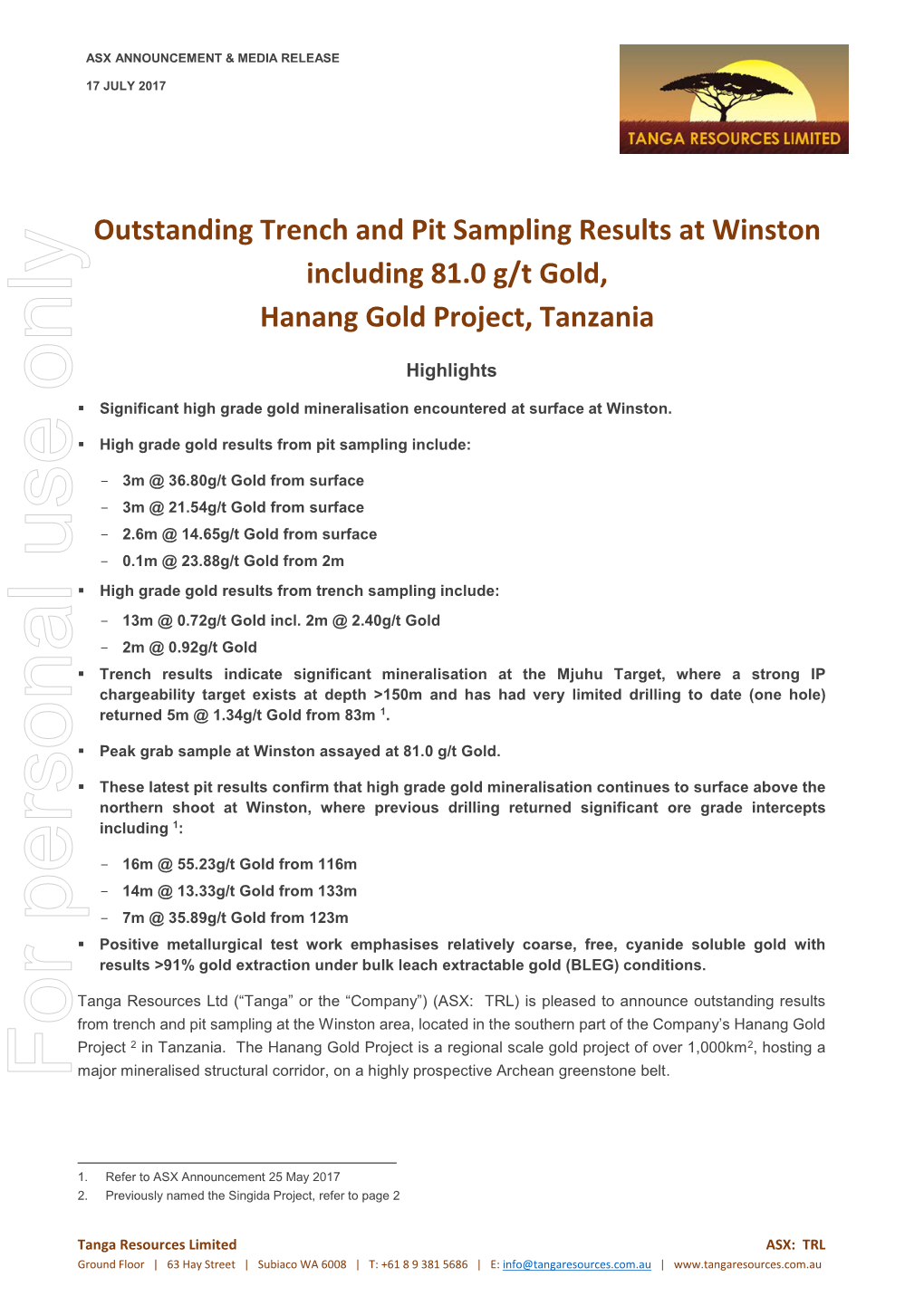 Outstanding Trench and Pit Sampling Results at Winston Including 81.0 G/T Gold, Hanang Gold Project, Tanzania