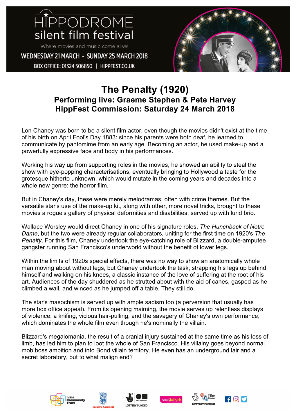 The Penalty (1920) Performing Live: Graeme Stephen & Pete Harvey Hippfest Commission: Saturday 24 March 2018