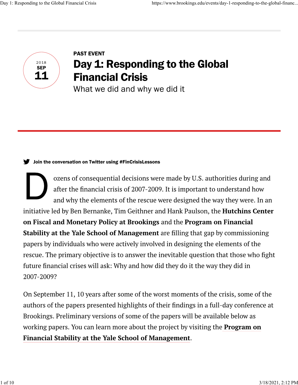 Day 1: Responding to the Global Financial Crisis