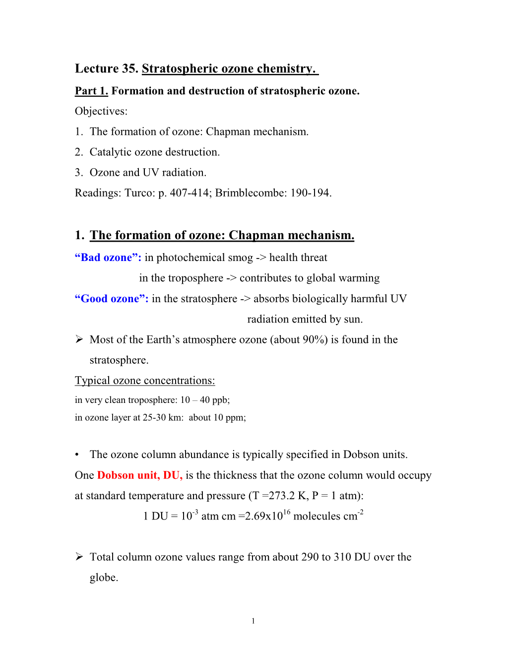 Lecture 35. Stratospheric Ozone Chemistry. 1. the Formation of Ozone