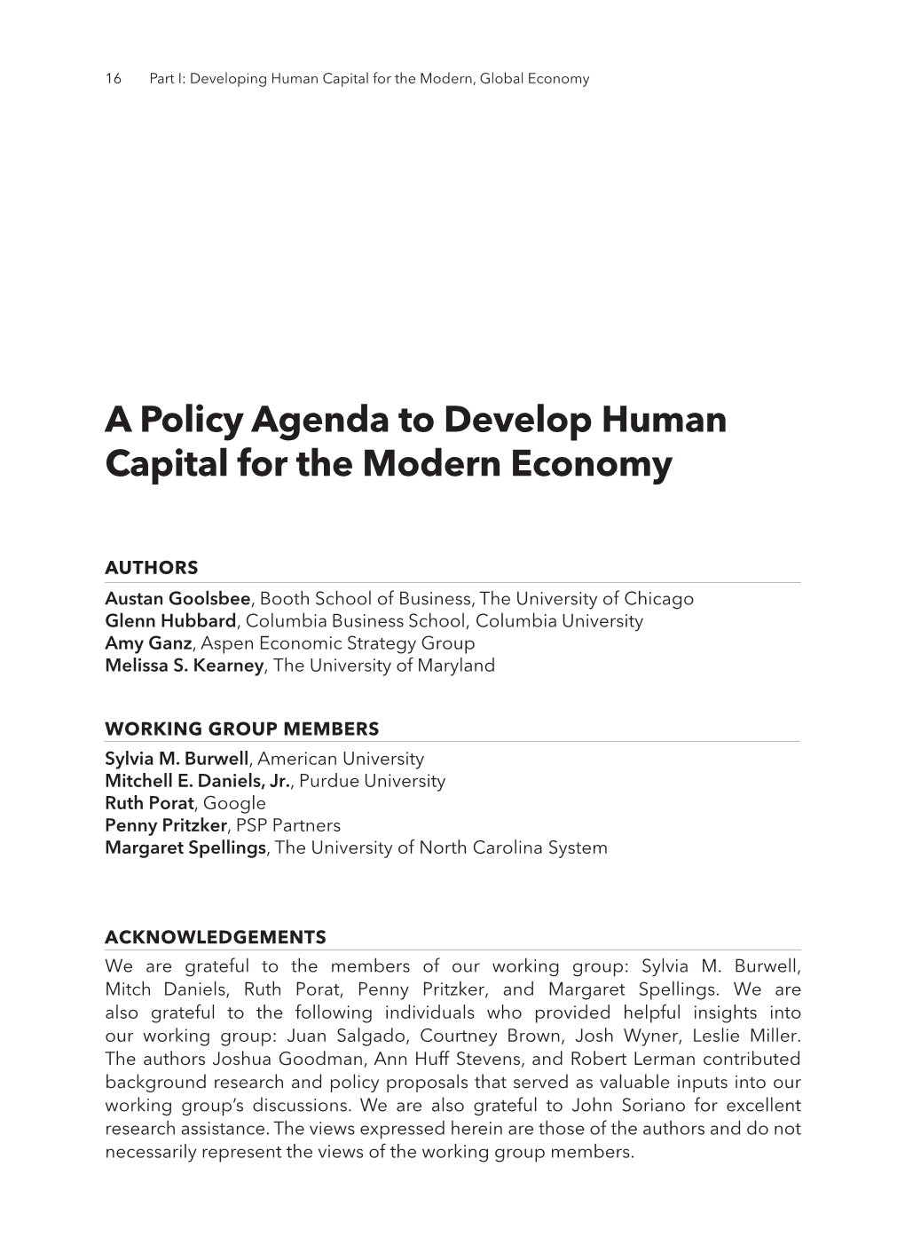 A Policy Agenda to Develop Human Capital for the Modern Economy