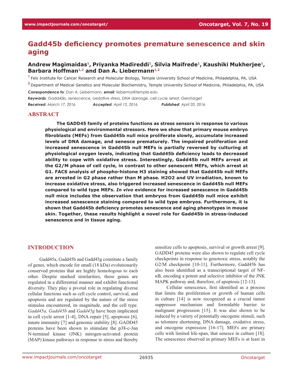 Gadd45b Deficiency Promotes Premature Senescence and Skin Aging