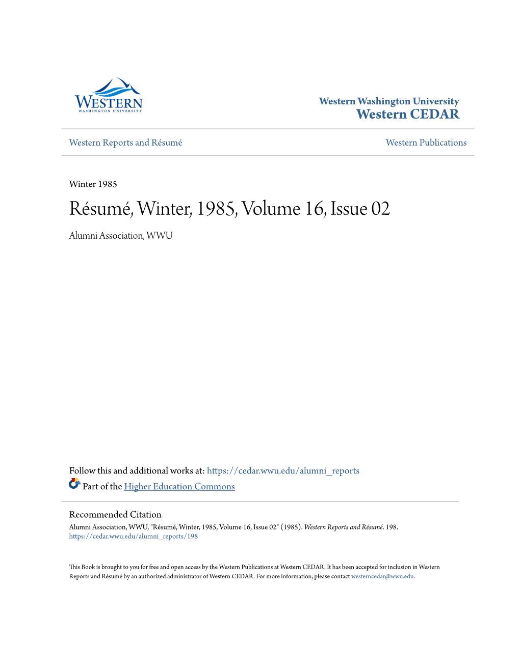 Résumé, Winter, 1985, Volume 16, Issue 02 Alumni Association, WWU